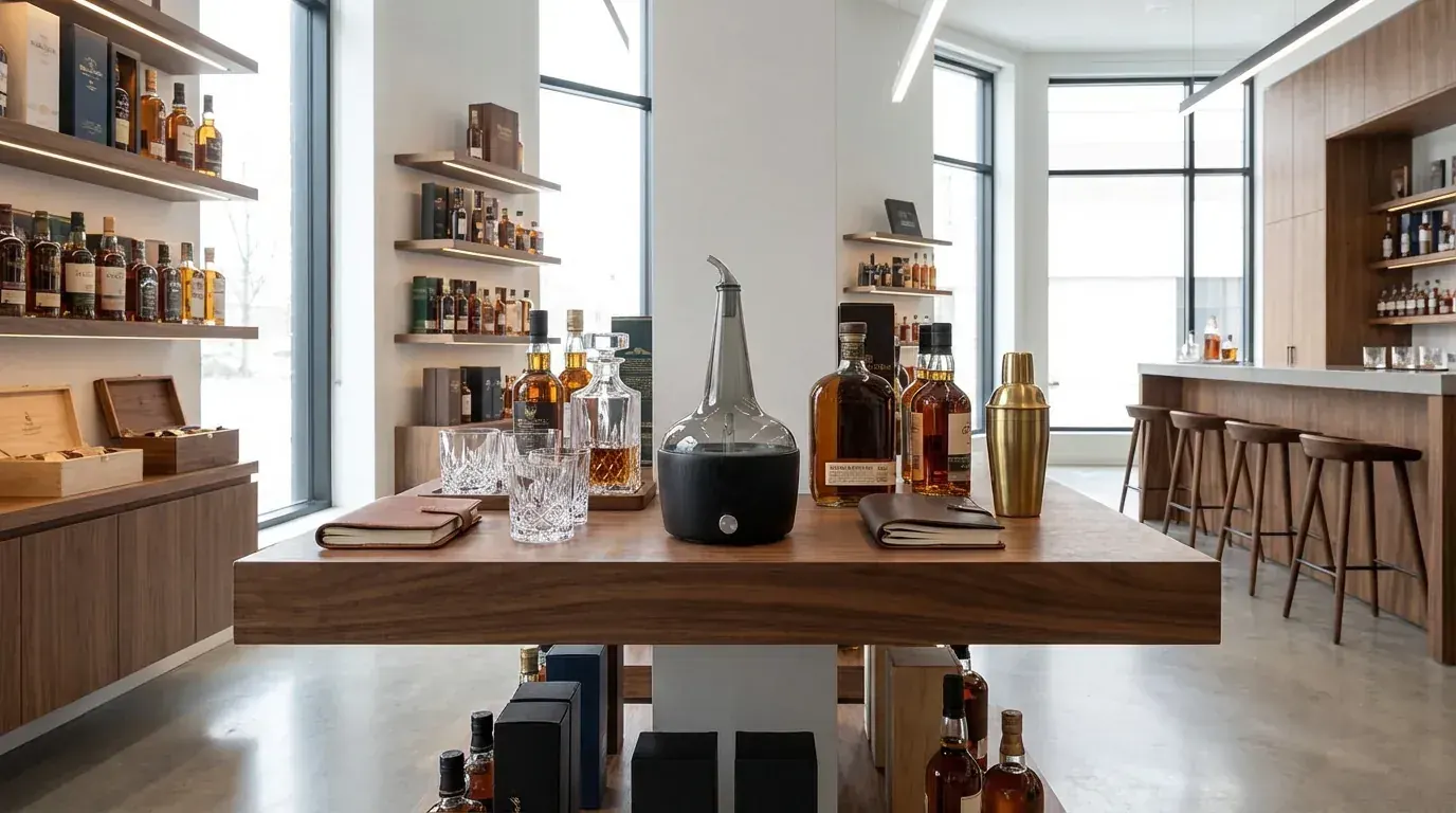 Custom distillery souvenirs and visitor centre gift display for spirits brands