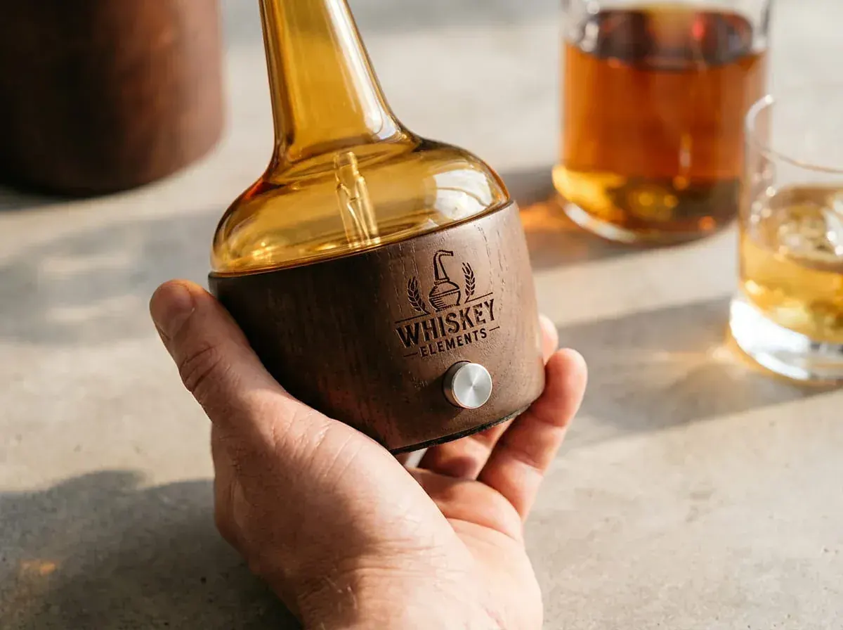 Single-unit ODM whiskey nosing diffuser sample with laser-engraved distillery logo on oak base