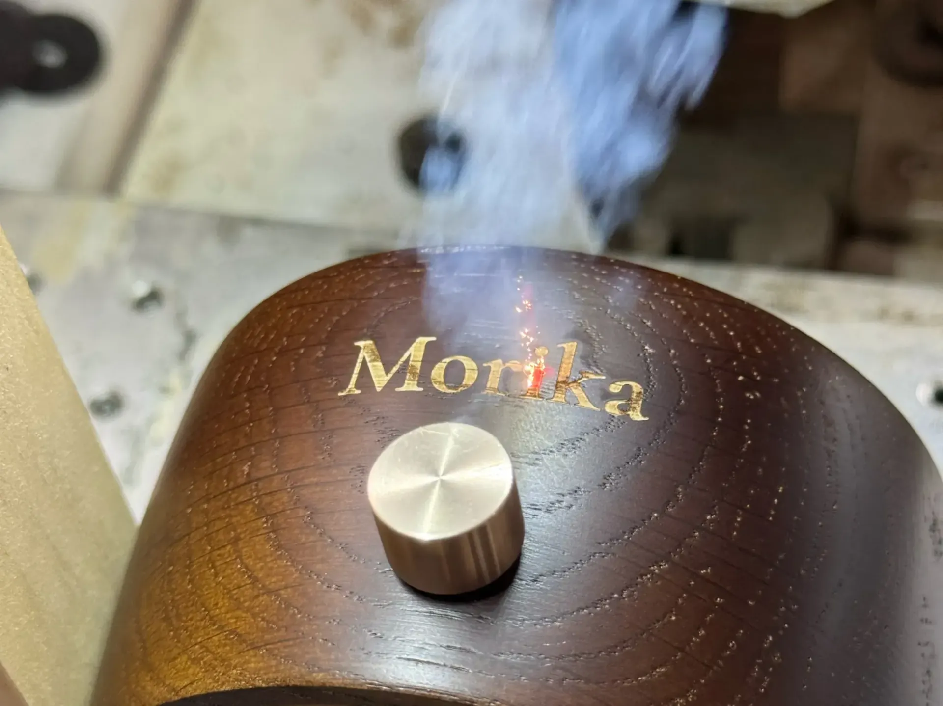 Solid oak whiskey nosing diffuser base with custom laser-engraved brand logo