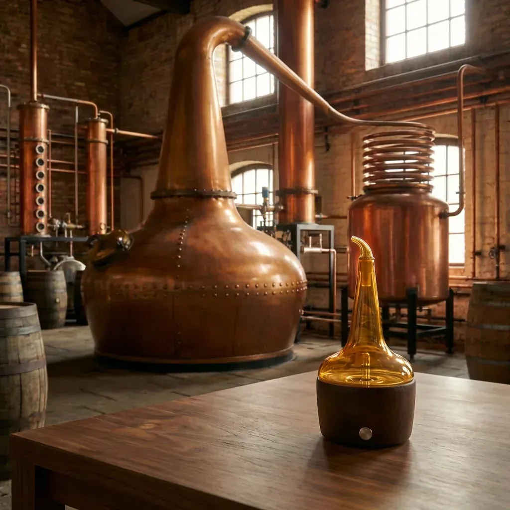 Whiskey nosing diffuser on display beside copper pot stills in a working distillery