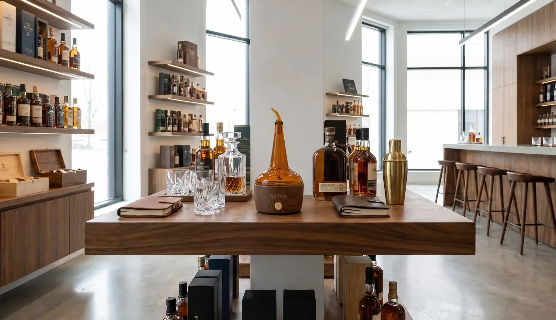 Whiskey bar tasting space with nosing diffuser, decanters, and glassware on display shelves