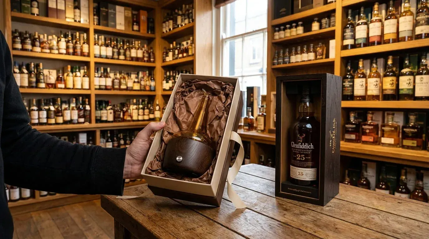 Whiskey nosing diffuser and branded gift boxes displayed on wooden shelves in a visitor centre retail area