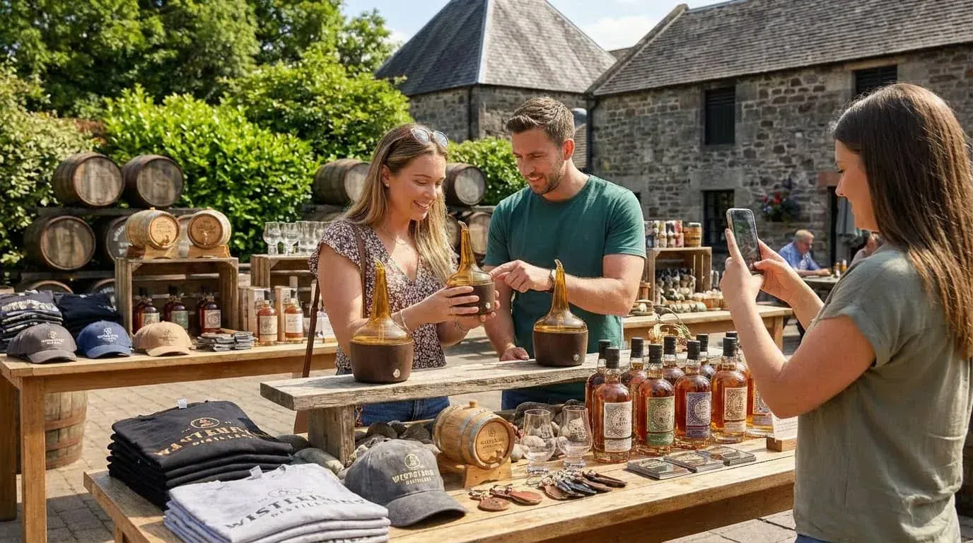 Whiskey nosing diffuser displayed with oak barrels and artisan spirits at a trade show or festival